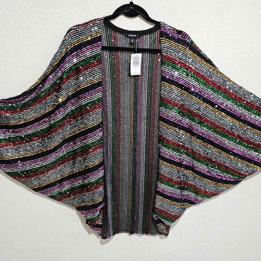 Torrid Multicolored Striped Sequin Kimono Cardigan. - Picture 1 of 7